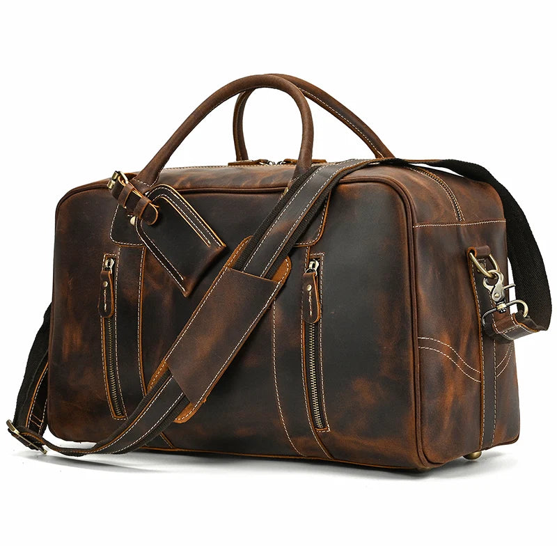 Classic Travel Style Genuine Leather Weekend Over-Night Carry-On Duffle Bag