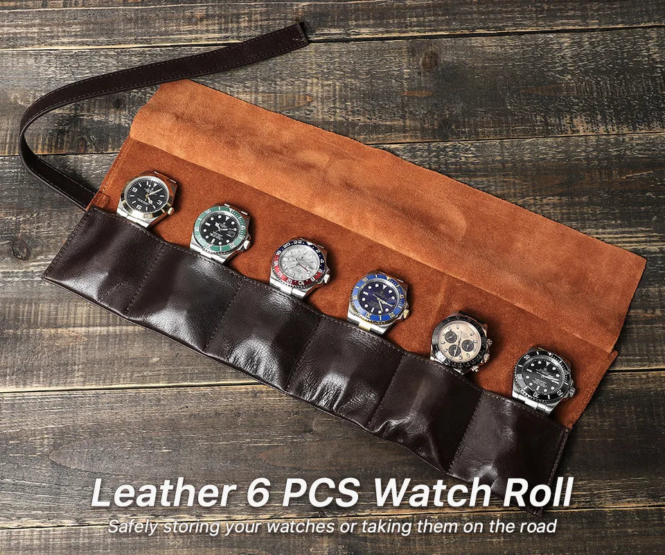 6-Watch Genuine Oil-Waxed Leather Roll-Up Business Travel Case Organizer