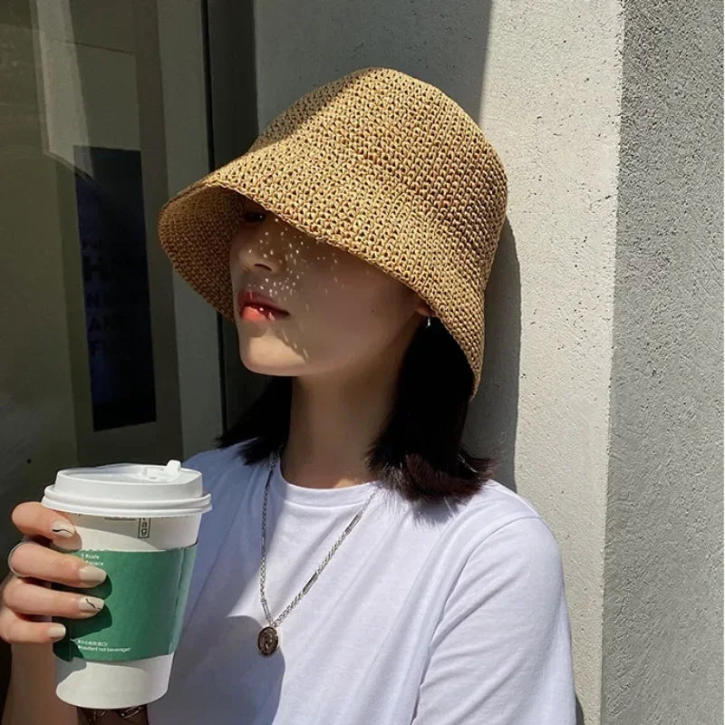 Beach-Ready Casual Chic Korean-Style Summer Straw Bucket Hat