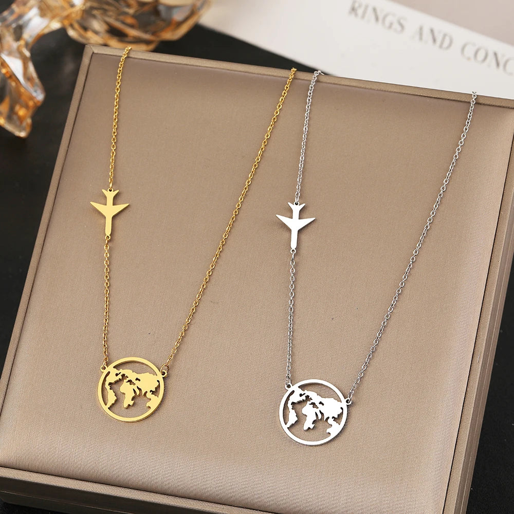 Travel Lover Airplane Globe Stainless Steel Fashion Necklace