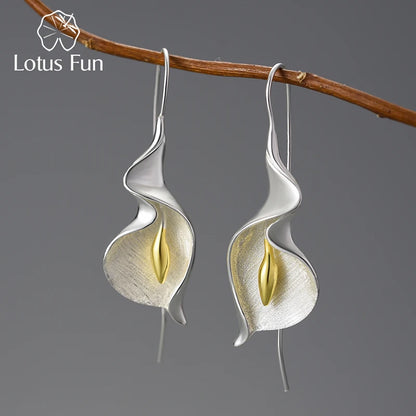 18K Gold Long Hanging Calla Lily Flower Dangle Earrings Real 925 Sterling Silver