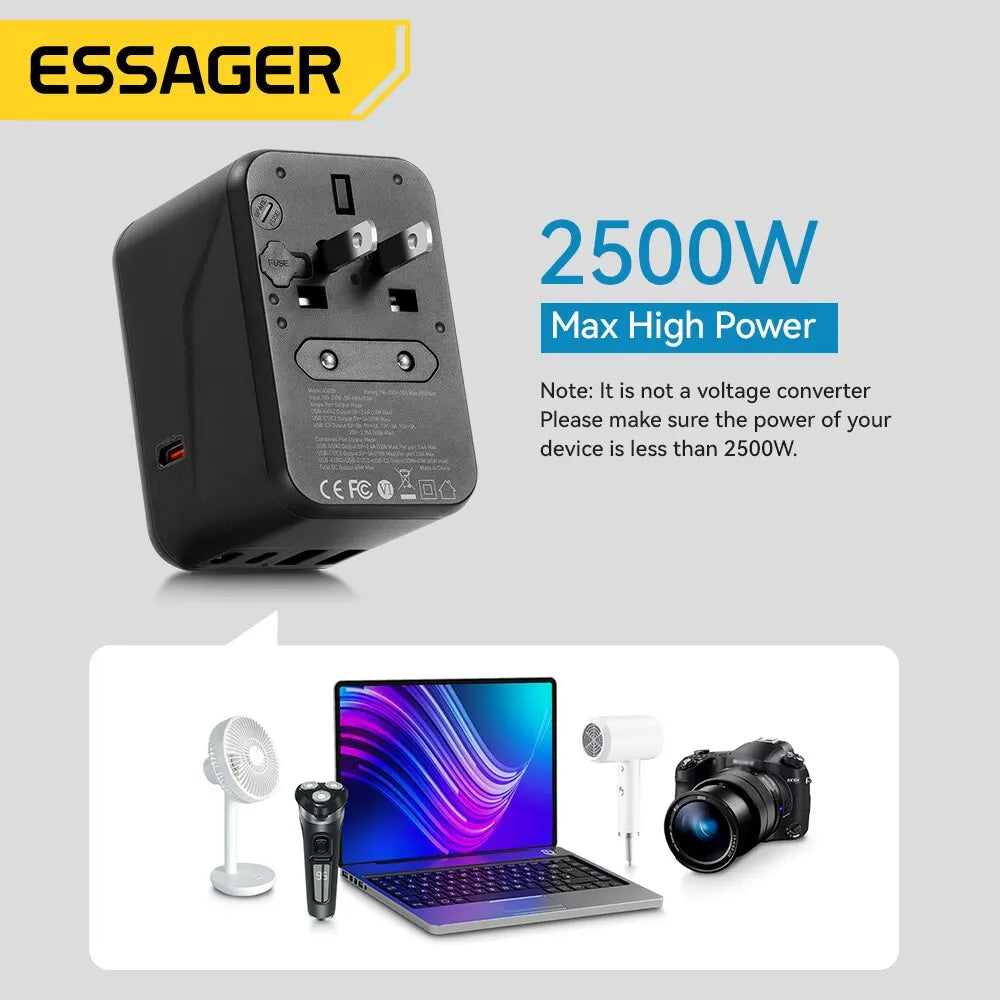65W Essager Universal Adapter Fast Travel Charger for US/EU/UK/AUS