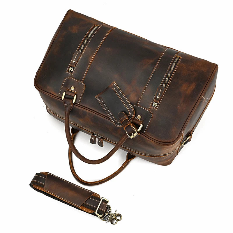 Classic Travel Style Genuine Leather Weekend Over-Night Carry-On Duffle Bag