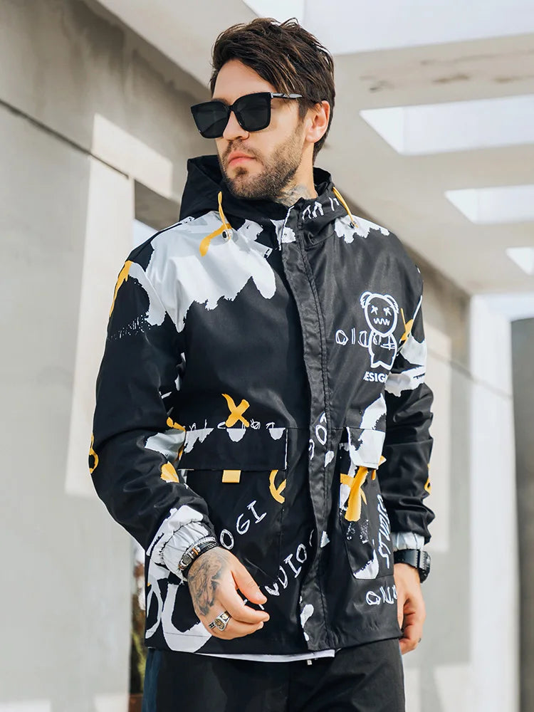 Two-Sided Spring/Autumn Hooded Graffiti Streetwear Windbreaker