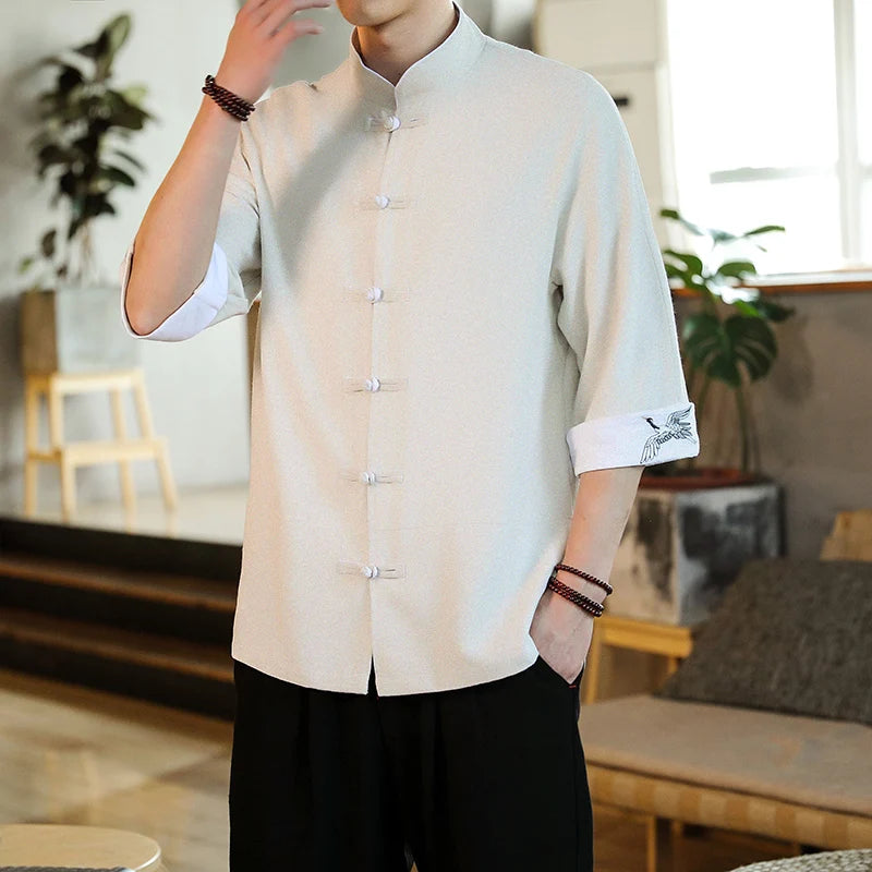 Traditional Chinese-Style Mens Vintage Half Sleeve Mandarin Collar Summer Crane Shirt