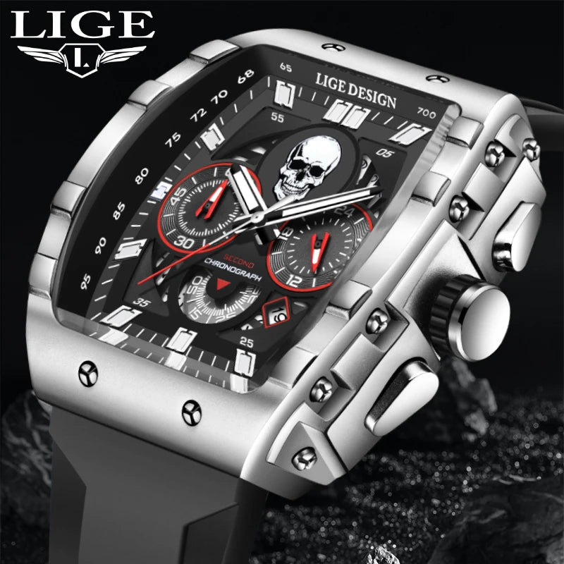 LIGE Men's Concave Fashion Skull Quartz Luxury Chronograph Watch