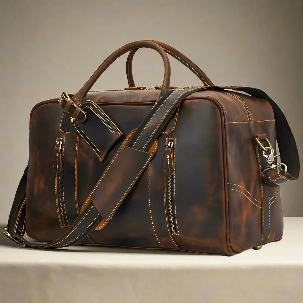 Classic Travel Style Genuine Leather Weekend Over-Night Carry-On Duffle Bag