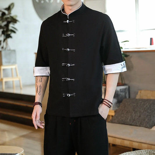 Traditional Chinese-Style Mens Vintage Half Sleeve Mandarin Collar Summer Crane Shirt