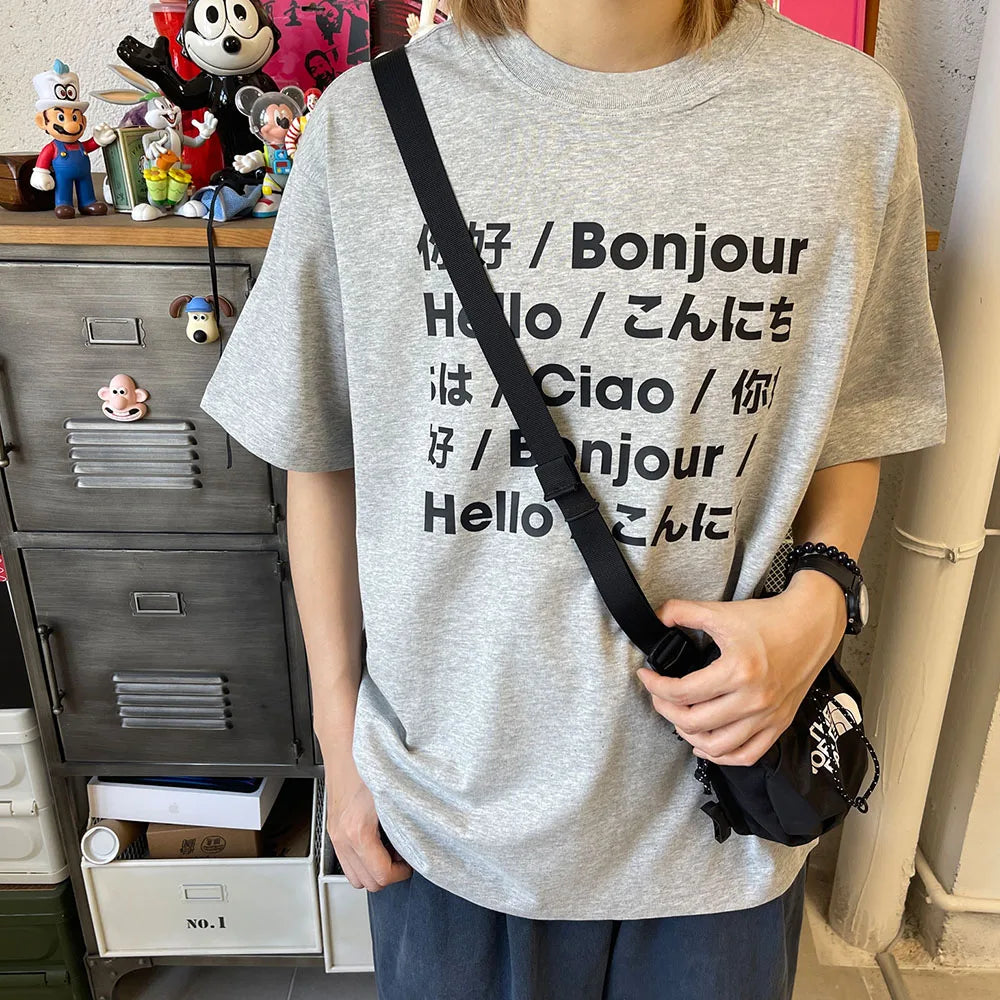 "Say Hello Around The World" French Chinese Japanese English Unisex Cotton Summer T-Shirt