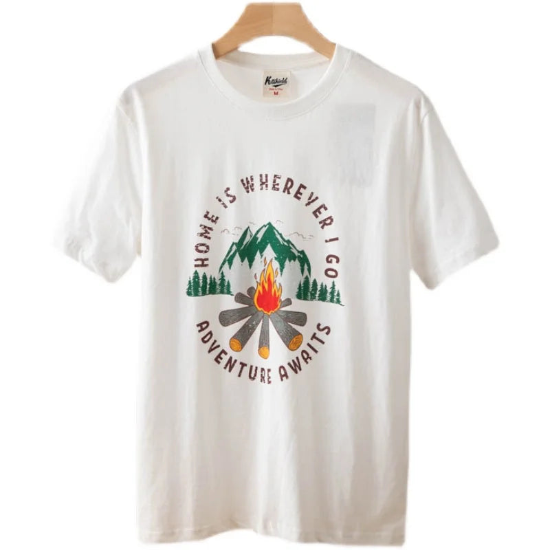 "Adventure Awaits" New American Retro Short-Sleeved Printed T-Shirt