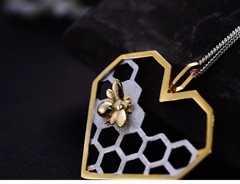 Honeycomb Heart 925 Sterling Silver Fine Jewelry Bee Love Heart Pendant (without chain)