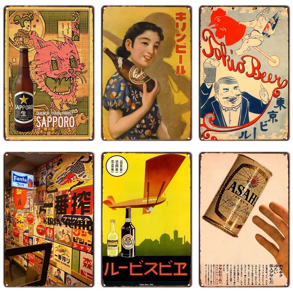 Vintage Replica Japanese Beer Tin Sign Asahi Tiger Sapporo Bar Wall Art