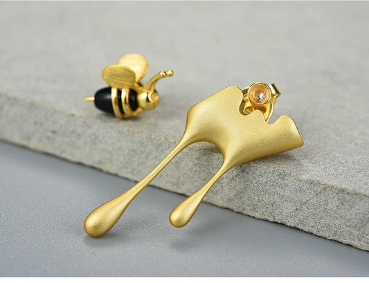 Real 925 Sterling Silver Handmade 18K Gold Bee and Dripping Honey Asymmetric Stud Earrings