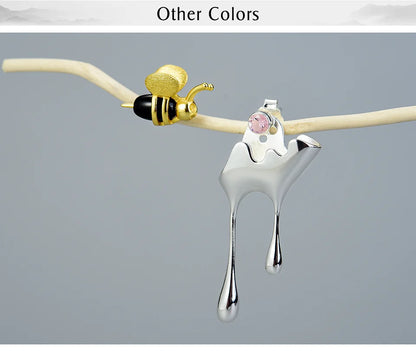 Real 925 Sterling Silver Handmade 18K Gold Bee and Dripping Honey Asymmetric Stud Earrings