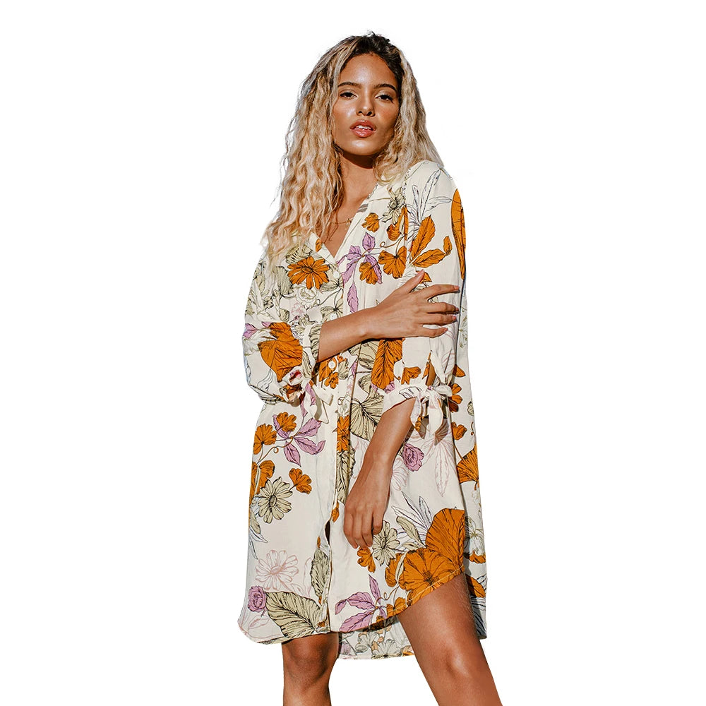 Breezy Floral Button-Up Cover Up Loose Summer Beach Holiday Tunic Dress